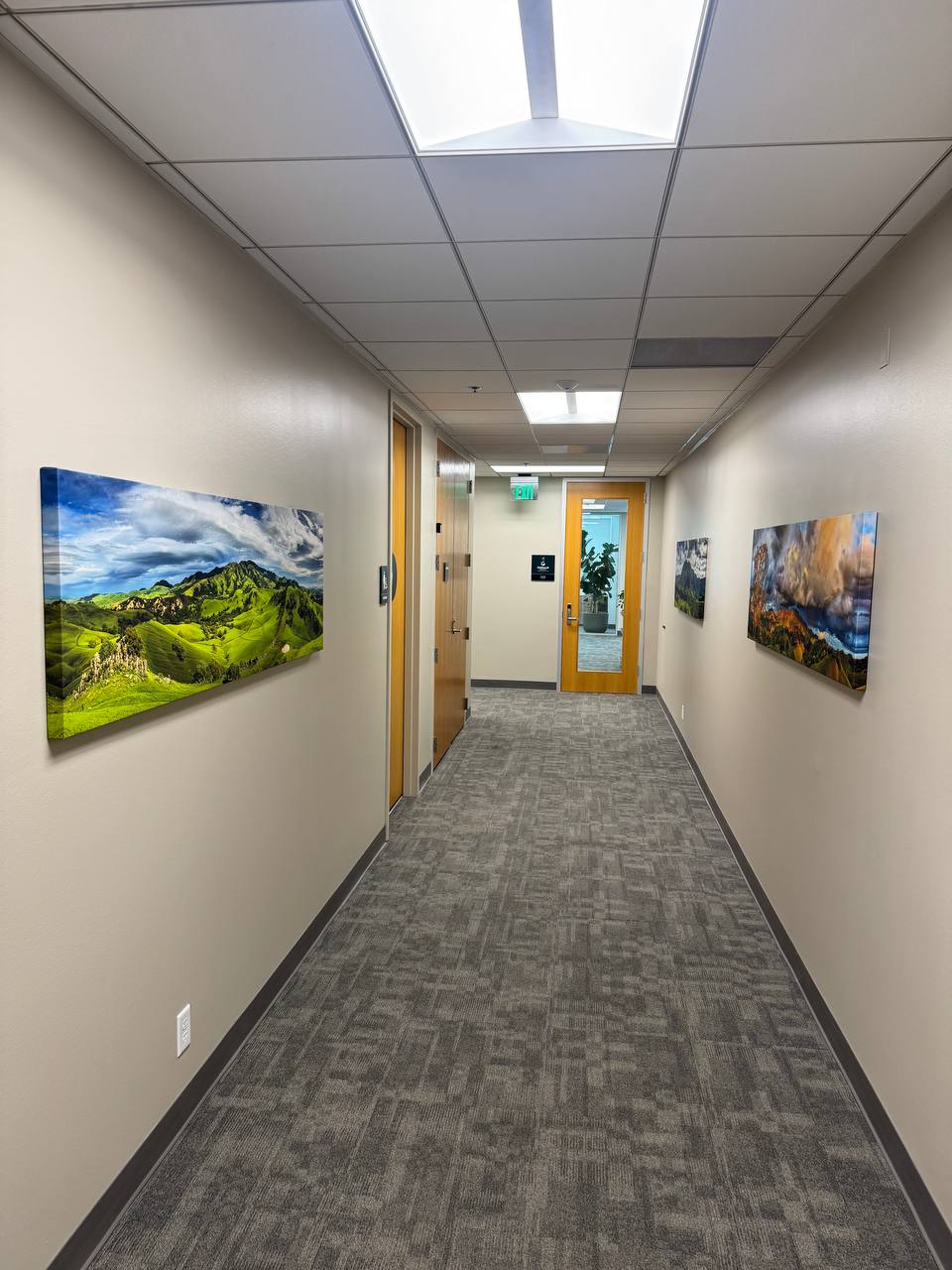 Office hallway with large panoramic landscape canvases on both walls
